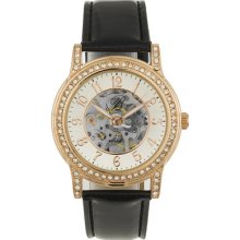 Burgi Ladies Rose Tone Automatic Skeleton Watch With Black Strap Erv $