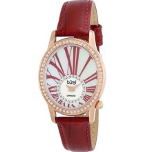 Burgi Watches Women's White Diamond White Mother of Pearl Dial Red Lea