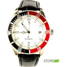 Business Mens White Dial Black Band Automatic Mechanical Wrist Calendar Watch