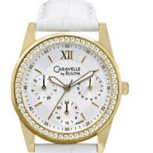 Caravelle Ladies` Gold-tone White Dial Dress Watch W/ Swarovski Crystals