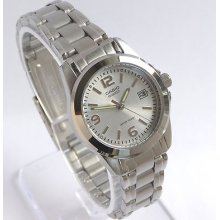 Casio Steel Silver Dial With Date Ladies Round Watch -1