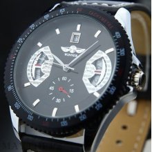 Classic Red Blue Black Automatic Mechanical Leather Date Men Analog Wrist Watch