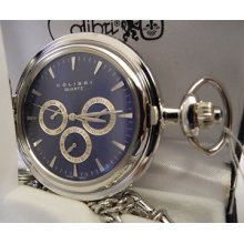 Colibri Silvertone 3 Eye Blue Face Pocket Watch Day/date, 24 Hour W/chain