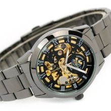 Cool Metal Black Skeleton Men Sports S/steel Band Automatic Mechanical Watch