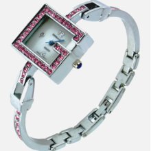 Crystal Pink Bezel White Face Silver Metal Band Bangle Watch Bracelet