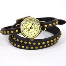 Dark Brown Cabochon Embellished Wrap Leather Strap Watch