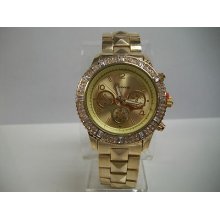 Designer Chronograph Style Geneva 3d Bracelet Style Gold Finish Stone Watch