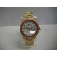 Designer Chronograph Style Geneva Beige/rose Gold Color Boyfriend Fashion Watch