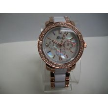 Designer Chronograph Style Geneva Bracelet White/rose Gold Boyfriend Watch