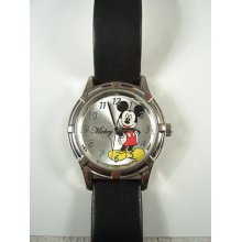Disney Mickey Mouse Wrist Watch Large 1-1/2 Dial, Black Leather Band, Works