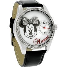 Disney Minnie Mouse Ladies Crystal Black Leather Strap Quartz Watch MN1094