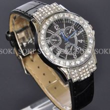 Dress Crystal Womens Black Analog Quartz Lady Wrist Leather Band Watch S40