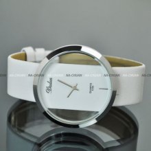 Elegant Ransparent Dial Design Lady Women White Leather Quartz Wrist Watch Cnp
