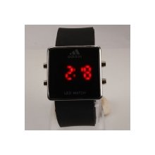 Elegant Square Stainless Steel Case Digital Display Red LED Light Wrist Watch Black Silicone Band