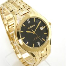 Elgin Diamond Date Black Face Men's Gold Watch