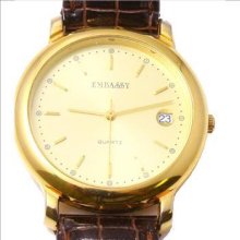 Embassy Quartz Watch, Brn Leather Band, Gold Tone Case Date Window