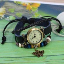 Fashion Braid Hemp Black Genuine Leather Wrap Around Bracelet Quartz Wristwatch