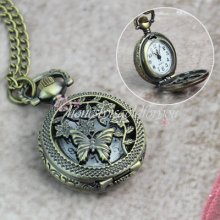 Fashion Butterfly Flower Quartz Pocket Watch Long Chain Necklace Xmas Gift