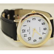 Fashion Gold White Dial Arabic No.mens Black Leather Band Quartz Wrist Watch