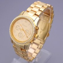 Fashion Luxury Mens Gift Crystal Dial Gold Steel Band Quartz Wrist Watch