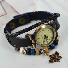 Fashion Quartz Weave Wrap Around Black Genuine Leather Bracelet Wristwatch