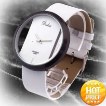 Fashion Skeleton Women Girl Wrist Watch White Leather Analog Quartz Hour Clock