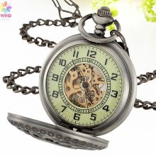 ^^flower Hollow Lid Antique Silver Cyan Dial Skeleton Mechanical Pocket Watch