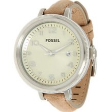 Fossil Am4391 Watch Ladies Bridgette Sand Round Date Analog Watch Leather Band