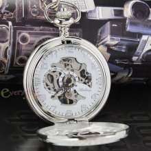 Full Silver Polish Pocket Watch Mechanical Skeleton Unisex Hollow Case