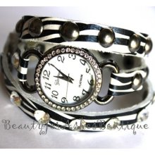 Geneva Crystal Stud Design Leather Wrap Around Black Fashion Wrist Watch Jewelry