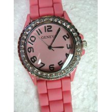 Geneva Ladies Pink Fashion Watch With Pink Face Surrounded By Crystals Pink Blin