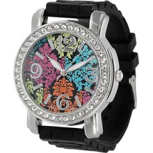 Geneva Platinum Womens Rhinestone Silicone Watch W/Flower Dial Black 9.5