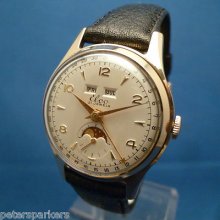 Gents Vintage Solid 9ct Gold Elco Triple Date Moonphase Mechanical Wristwatch