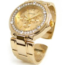 Gold 3d Geneva Designer Style Crystal Bezel Women's Bangle Cuff Watch
