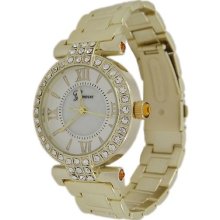 Gold Crystals Bezel Orange Stone Roman Numbers Dial Geneva Women's Watch