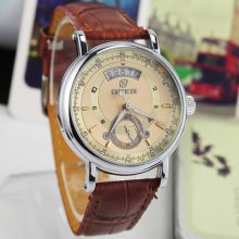 Gold Date Subdial Mens Luxury Brown Leather Automatic Selfwind Wrist Watch
