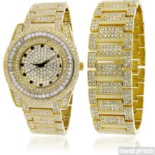 Gold Finish Crushed Ice Loaded Watch Set