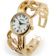 Gold Heart Decorated Band Mother Of Pearl Dial Women's Bangle Cuff Watch