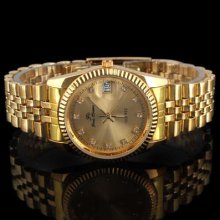 Gold Tone Mens Quartz Date Crystal Stainless Watch Ng95