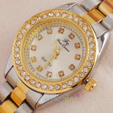 Golden Silver Steel Dress Women Lady Wrist Watch Crystal Nail Quartz Battery