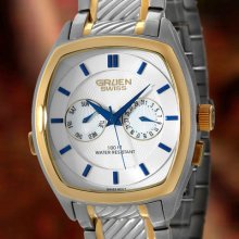 Gruen Saxon Swiss Mens Watch Two-tone Gold&silver-white Guilloche Face -day&date