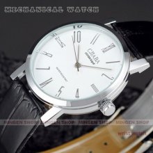 H004 - Clean White Dial Pu Leather Ultra-thin Men's Business Mechanical Watches