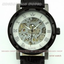H009 - Black Case White Dial Fashion Skeleton Men Mechanical Hand-winding Watch