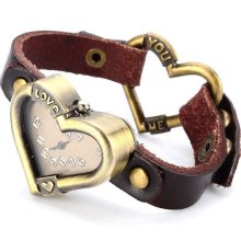 Heart Shape bracelet watch, Woman Watch, Brown Red Greeen Black Leather, Ladies Girls Wrist Watch Bracelet Quartz Love Watch bracelet