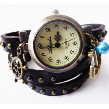 Heartbound - black real Leather working wrist watch,charm bracelet,Retro,genuine Leather,Anchor,nautical charms,Rockabilly jewelry