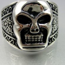 Heavy Bold Biker Mens Black Silver Stainless Steel Angry Skull Ring