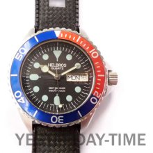 Helbros 200 Deep Sea Diver 1970's Day & Date Stainless Steel Gents Quartz Divers Watch