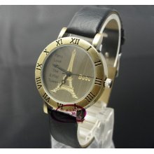 Hot Classic Retro Quartz Leather Strap Eiffel Tower Style Elegant Wrist Watch