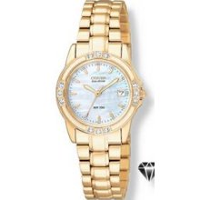 Ladies Citizen Eco Drive Gold Tone Stainless Steel Watch W/ 12 Diamonds