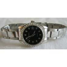 Ladies Geneva Bling Watch, Stainless Steel Band, Gemstone Bezel, Black Dial